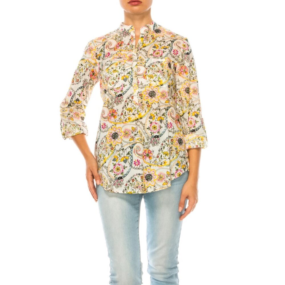 NWT Sunshine Blooms: Magazine Bright Yellow & Ivory Floral Paisley Tunic